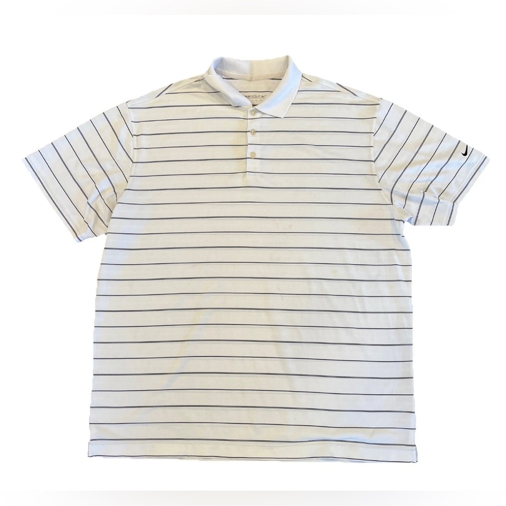 Nike White Polo Shirt with Thin Navy Stripes - Short Sleeve